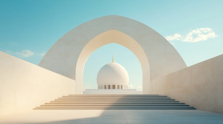 3D white mosque behind the arch with Islamic ornamental window and blue sky background, vector illustration, detailed and realistic. --chaos 30 --ar 16:9 --v 6.1 Job ID: 050a6467-0f6b-4d7a-8c05-0a030993ad80の素材