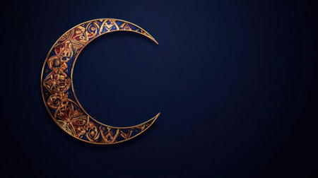 3D rendering of a golden crescent moon with Islamic geometric patterns on a dark blue background for Eid Mubarak or Ramadan Kareem greeting card design, template, banner, poster, web banner, or e-commerce website hero banner design with copy space area. --chaos 30 --ar 16:9 --v 6.1 Job ID: 9864762f-691b-4056-b55e-648eccf2a968の素材