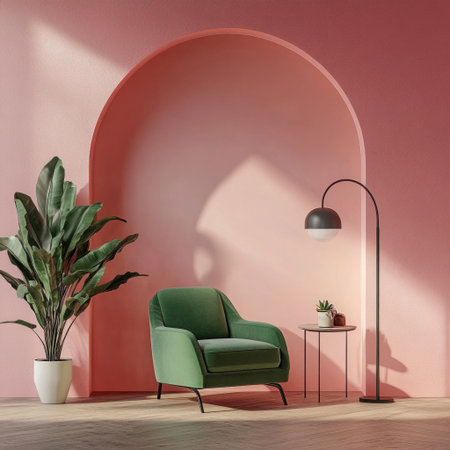 A modern, minimalist interior scene with an arched pink wall and a green chair placed in the center of it. A floor lamp stands beside the armchair on one side, while a small table stands next to it. The room also features plants, adding life to its ambiance. --v 6.1 Job ID: 93776e6c-f7b0-43b6-9688-284a65c5e9beの素材