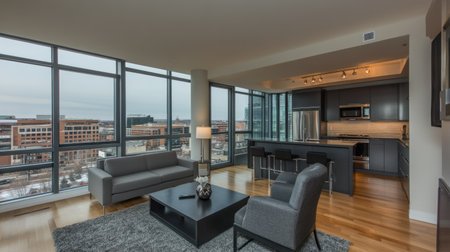 A modern living room with a gray sofa, armchair, and coffee table in the center of an apartment. In front, there is a carpet on the wooden floor, and an open kitchen at the back wall. --chaos 30 --ar 16:9 --v 6.1 Job ID: 97f82f9e-f6b4-4180-89c6-27be24d03a71の素材