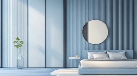 3D rendering of a sliding door in a bedroom with a blue wall and minimal interior design. The focus is on the modern bed, nightstand, and mirror hanging on the wall. Soft lighting creates gentle shadows, adding depth to the scene. Minimalist decor with elegant elements, such as a glass vase for greenery and a white lamp for ambiance. --chaos 30 --ar 16:9 --v 6.1 Job ID: 7856adfb-fccb-4961-970b-48c3c8b782cbの素材