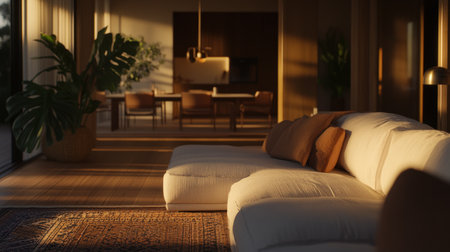 A modern living room with a wooden floor, a white sofa, and a dining table in the background. The walls have a dark brown color. There is also an indoor plant on one side of the picture. On top, there's a lamp that illuminates part of it. A rug lies underneath. It has a warm atmosphere and looks very comfortable. Use a Canon EOS camera with a macro lens to capture the details and textures of your home interior. This will help you create visually appealing images for your real estate marketing materials. --chaos 30 --ar 16:9 --v 6.1 Job ID: 4c2a49cf-af7f-4cb0-8a87-4f141b9f5054の素材