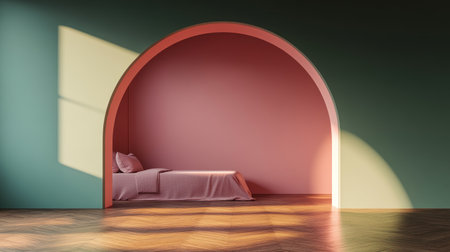 A large, dark green wall with an arched opening leads into the room, which is decorated in pink and gray tones. The parquet floor and modern interior design create a cohesive aesthetic, and a view of the bedroom can be seen through the archway. This high-resolution photography captures the space beautifully. --chaos 30 --ar 16:9 --v 6.1 Job ID: 765c242a-3ad5-405a-b269-95cb35f85adaの素材