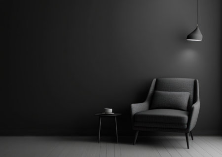 Minimalist black wall background with a grey armchair and coffee table, the home interior design of a modern living room. --ar 7:5 --v 6.1 Job ID: fa13b95f-698b-4a3f-aed9-29f821d5feacの素材