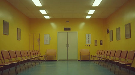 Minimalist plain cyan and yellow background with empty picture frames, chairs, and lighting fixtures. --chaos 30 --ar 16:9 --v 6.1 Job ID: 4dfb534d-025c-48f9-b38e-33437abeb1d7の素材