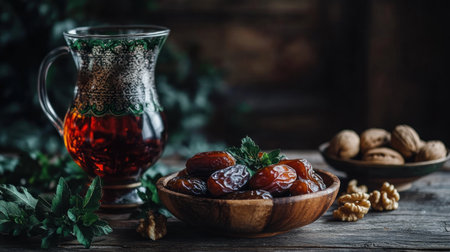 In the foreground, dried dates in a wooden bowl on an old brown table with walnuts and green leaves. In the background, there is an Arabian tea glass and an old wood texture background. With copy space. This is a stock photo, a high-quality photo shoot with high detail. --chaos 30 --ar 16:9 --v 6.1 Job ID: 5909b830-0c7a-4feb-a699-bb7eafe28a2cの素材
