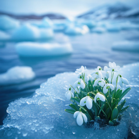 Photo of small white flowers growing on ice, with blue water in the background and icebergs floating around. The composition is centered on an icy surface covered by several blooming snowdrops. This scene creates a beautiful contrast between the cold, snowy landscape and the delicate nature, showcasing vibrant colors against the arctic scenery. Soft, natural light enhances the serene atmosphere. --v 6.1 Job ID: 28f7bb2e-61b5-486c-b892-09188377d6c8の素材