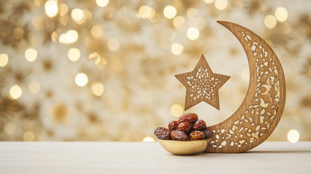 A wooden cutout of the Ramadan moon and star with dates on a white table, against a gold background with bokeh lights, leaving space for text, a banner design. The symbol is intricately carved from natural wood, with delicate patterns visible on its surface. It stands tall against a backdrop of soft light that highlights every line and texture. A small bowl filled with dried fruits sits beside it, adding to the festive atmosphere of the Ramadan food culture. --chaos 30 --ar 16:9 --v 6.1 Job ID: 199e8442-e9bc-43d5-a563-e5eb78be8731の素材