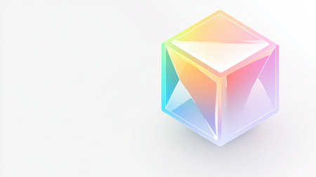 A cube with holographic colors, in the style of clipart, on a white background, a vector illustration, with simple shapes, in a flat design, featuring colorful gradients, and no shadows, in high resolution, with no mockup or text. --chaos 30 --ar 16:9 --v 6.1 Job ID: 9d7dde6d-4828-4f80-9a77-185b200d3812の素材