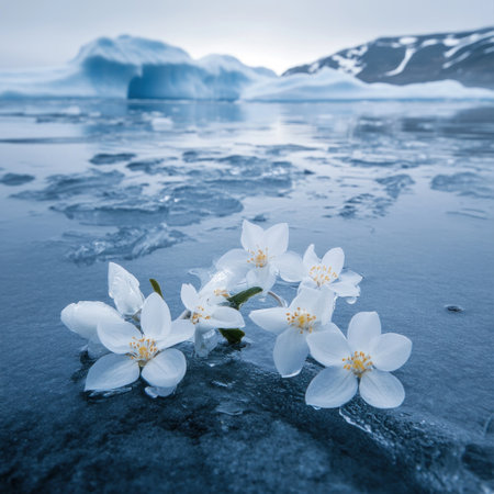 The ice on the sea is melting, and there's an icy flower in front of it. The background features Arctic snow-covered land with scattered small blue glaciers. There is no sunlight shining down from above. White flowers grow out through cracked ice at water level. A group of white jasmine blossoms have fallen into the cold waters below. High-definition photography. --v 6.1 Job ID: 788f0d89-b3e7-4f29-982c-c188bbefbef9の素材
