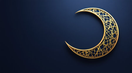 Elegant golden crescent moon with Islamic geometric patterns on a dark blue background, a banner design for the Ramadan Kareem celebration. 3D rendering illustration of an abstract Muslim pattern symbolizing the holy month and the Ramadan holiday concept. Stock photo with 2/3 space for text. --chaos 30 --ar 16:9 --v 6.1 Job ID: afecbcc5-5607-4ec8-a896-2664497ac960の素材