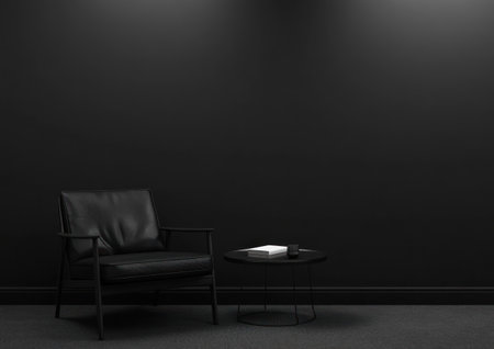 Minimalist black wall background with an armchair and coffee table, creating an elegant home interior design. --ar 7:5 --v 6.1 Job ID: 340a2749-d036-461e-840a-5e9bb48ba7deの素材