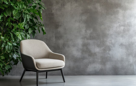 Minimalist gray wall background with a modern armchair and a green plant, with empty space for a design mockup. --ar 8:5 --v 6.1 Job ID: 2fc86b80-9fb9-4fe6-a0f9-1a98ee28ae85の素材
