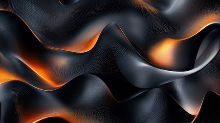 Black background with orange and dark blue gradient lines in the shape of waves, creating an abstract design for technology-themed graphics or web pages. The image is captured using high-resolution photography techniques to highlight intricate details. It features a modern aesthetic that blends seamlessly into minimalistic backgrounds, offering visual appeal without overwhelming colors. This design adds depth while maintaining simplicity. --chaos 30 --ar 16:9 --v 6.1 Job ID: fe0aadaa-27e1-42d6-ad19-b5247fda1ef5の素材