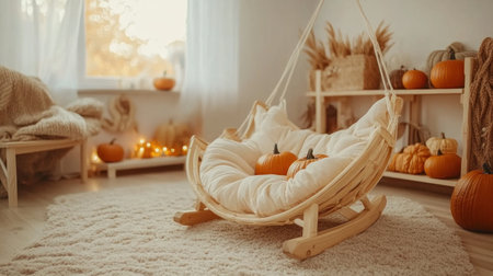 Living room with a sofa, autumn decorations, and pumpkins on shelves, a warm color scheme, white walls, carpeted floor, wooden furniture, window light, autumn atmosphere, warm lighting, autumn decoration, white background, wide-angle lens, natural light, living space, wooden shelves, orange accents, and a cozy feeling. --chaos 30 --ar 16:9 --v 6.1 Job ID: 6ecf1219-a8be-45ee-b146-f660c533c254の素材