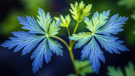 Blue leaves of bloggers, heroic and trilobate, with a dark background, in the style of tropical rainforest with dark green and blue tones, large depth of field, close-up shots, high-resolution photography, wide-angle lens, soft side lighting, rich details, natural colors, and calm emotions, all in --chaos 30 --ar 16:9 --v 6.1 Job ID: dd3faf83-805c-4155-9352-9a616a8be593の素材
