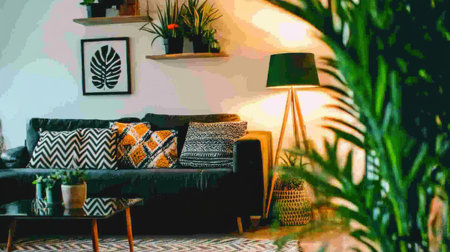 A living room with black sofa, white walls and floor covered in beige rug. On the wall is hanging three small shelves holding objects like plants or books. The space also has two coffee tables with glass top on one of them placed next to grey couch, dark green lamp stand near it. In front there's potted plant with large leaves and orange flowers. Decorations include various geometric patterns such as triangles, squares, circles on pillows and throw blankets. A cozy vibe with warm lighting. --chaos 30 --ar 16:9 --v 6.1 Job ID: c2225557-57ac-4f7b-9468-6bb62ed3d99dの素材