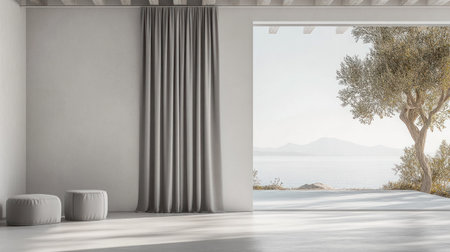 A white wall with light gray curtains on the left, an open window behind it and trees outside. There is also some furniture in front of that wall. The floor nearby has a clean surface. This scene could be captured using a Canon EOS R5 mirrorless camera with natural lighting, showcasing a modern minimalist style. --chaos 30 --ar 16:9 --v 6.1 Job ID: 874f77a6-fc0f-4f96-8606-5af5c3b80560の素材