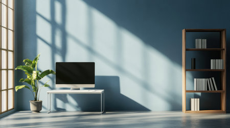 A modern office interior with blue wall paint, a white desk and a black computer monitor, a grey concrete floor, a wooden bookcase against the window, white lighting in front of an empty wall mockup, natural light from the windows, in the style of professional photography. --chaos 30 --ar 16:9 --v 6.1 Job ID: 62df4cbc-834b-46df-a723-08e4fd503958の素材