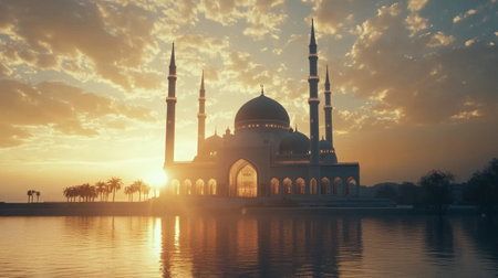 A majestic mosque with towering minarets and ornate architecture stands gracefully against the backdrop of an enchanting sunset, reflecting its beauty in shimmering waters. The image focuses on the intricate details of the mosque's facade, highlighting the intricate patterns and ornate decorations that adorn the structure. --chaos 30 --ar 16:9 --v 6.1 Job ID: 13533b74-f12d-434e-8c30-5921bb5f4d22の素材