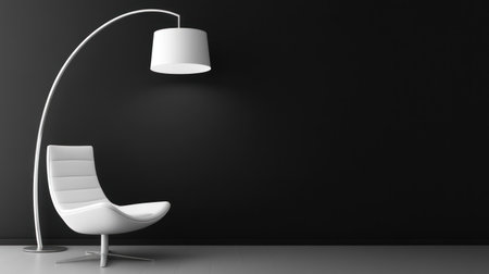 Minimalist black wall background with a floor lamp and chair. --chaos 30 --ar 16:9 --v 6.1 Job ID: a869efa1-f365-4969-a4a1-4ad922ad145bの素材
