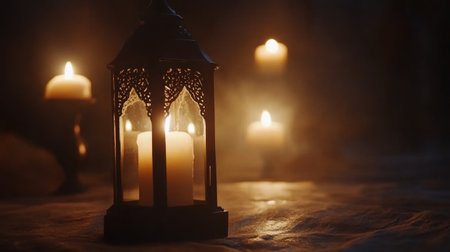 Close-up of a beautiful Ramadan lantern with candles on a table, against a dark background. --chaos 30 --ar 16:9 --v 6.1 Job ID: 6a14da74-09f2-405a-8bb8-2f4136f003a7の素材