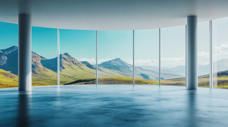 Empty white room interior with concrete floor and panoramic window view of a green mountain landscape. Concept for a background, mockup design, or presentation, 8K resolution, real photograph. --chaos 30 --ar 16:9 --v 6.1 Job ID: a98fcae9-7c33-41f7-9fd0-0ffeec003460の素材
