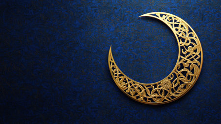 Elegant golden crescent moon with Islamic geometric patterns on a dark blue background, a banner design for the Ramadan Kareem celebration. 3D rendering illustration of an abstract Muslim pattern symbolizing the holy month and the Ramadan holiday concept. Stock photo with 2/3 space for text. --chaos 30 --ar 16:9 --v 6.1 Job ID: afecbcc5-5607-4ec8-a896-2664497ac960の素材