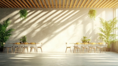 A mockup of an empty wall in the middle, wooden slats on the ceiling, a modern dining table with chairs, plants and decorations, a minimalistic interior design style, a concrete floor, natural light, architectural photography, highly detailed. --chaos 30 --ar 16:9 --v 6.1 Job ID: 9f59c5cb-a00a-4d00-baa9-e87fc53a3ec5の素材