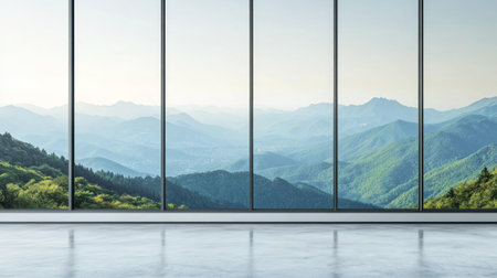 Empty white room interior with a concrete floor and a panoramic window view of green mountains. The background wall is clean and simple --chaos 30 --ar 16:9 --v 6.1 Job ID: 331018e2-032c-44bb-a8e1-4b506f043762の素材