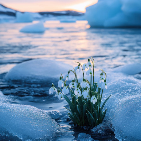 Photo of small white flowers growing on ice, with blue water in the background and icebergs floating around. The composition is centered on an icy surface covered by several blooming snowdrops. This scene creates a beautiful contrast between the cold, snowy landscape and the delicate nature, showcasing vibrant colors against the arctic scenery. Soft, natural light enhances the serene atmosphere. --v 6.1 Job ID: 28f7bb2e-61b5-486c-b892-09188377d6c8の素材