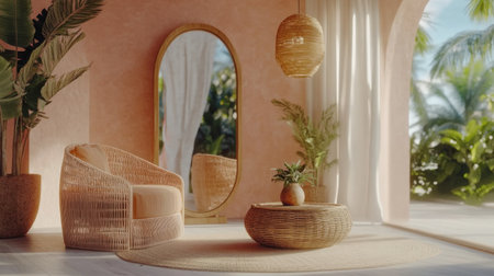 A modern living room with pastel pink walls, a white wooden floor, and a light grey ceiling. A wicker armchair in a peach color is placed on the left side of an arched mirror standing against the wall. To its right, there is a wooden coffee table. In front of it sits a woven basket filled with plants. The space also features two decorative lamps hanging from above, creating a soft lighting. The scene has natural daylight coming through the large windows on one end of the room. --chaos 30 --ar 16:9 --v 6.1 Job ID: 144170d4-2041-445f-b784-14cdf5870317の素材