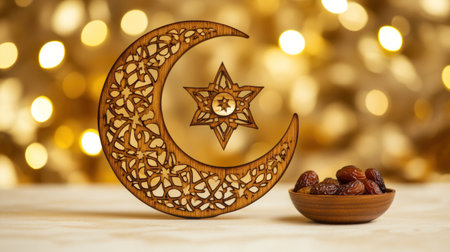 A wooden cutout of the Ramadan moon and star with dates on a white table, against a gold background with bokeh lights, leaving space for text, a banner design. The symbol is intricately carved from natural wood, with delicate patterns visible on its surface. It stands tall against a backdrop of soft light that highlights every line and texture. A small bowl filled with dried fruits sits beside it, adding to the festive atmosphere of the Ramadan food culture. --chaos 30 --ar 16:9 --v 6.1 Job ID: 199e8442-e9bc-43d5-a563-e5eb78be8731の素材