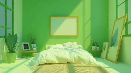 A bright bedroom with green walls, white furniture, and potted plants on the floor. The bed is covered in cozy blankets and pillows. An empty wooden frame mockup hangs above it. Small tables with paintings and vases of snake plants stand on each side of the frame. A jute rug lies under one end of the bed. Minimalist interior design concept. --chaos 30 --ar 16:9 --v 6.1 Job ID: ab349341-4a9e-4e8c-8d57-ce78ac3ae796の素材