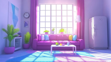 A modern living room with large windows, a sofa and coffee table on the carpet, white walls, no clock, colorful geometric patterns, plants in pots, a refrigerator at one end of the wall, a minimalist style, a clean background, high-resolution, hyper-realistic photography, a wide-angle shot. --chaos 30 --ar 16:9 --v 6.1 Job ID: 5ccd5751-8a0d-4b07-8930-a533a3716133の素材