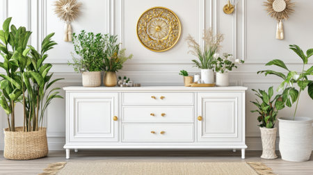 A white wall with two doors on the left and right side of an elegant cabinet, front view, with gold details on its surface, a beige carpet under it, and a minimalist interior design style. The entire scene is captured in a realistic photographic style using a Canon EOS R5 camera. --chaos 30 --ar 16:9 --v 6.1 Job ID: ceafbecd-da38-4e95-b209-72997fbeb321の素材