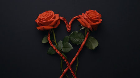 3 red roses on a black background with a heart-shaped outline made of a long string or red rope. --chaos 30 --ar 16:9 --v 6.1 Job ID: 6c894b10-95f0-4898-8bbb-26ed002c75a0の素材