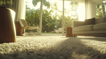 A bright and airy living room with large windows, white walls, a grey sofa, a hairpin-legged chair, a wooden side table, and a gray carpet on the floor. A sliding door leads to an outdoor garden in the background. The scene is captured from a low angle using a Canon EOS camera, with natural light creating soft shadows and highlights. --chaos 30 --ar 16:9 --v 6.1 Job ID: eb7fdcc1-c998-4ce0-8412-f694f4ca2e37の素材
