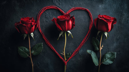 3 red roses on a black background with a heart-shaped outline made of a long string or red rope. --chaos 30 --ar 16:9 --v 6.1 Job ID: 6c894b10-95f0-4898-8bbb-26ed002c75a0の素材