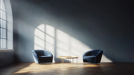 Modern interior design, with a gray wall background, two dark blue armchairs, and a golden coffee table on a wooden floor. Minimalist home decor for a living room mock-up. Abstract 3D rendering illustration of a gray wall texture. Design template. High-resolution, ultra-detailed, masterpiece, cinematic lighting. --chaos 30 --ar 16:9 --v 6.1 Job ID: 4d69a317-958b-48ed-8d86-78749fe7c402の素材