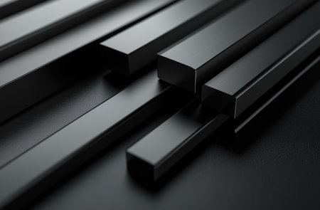 A minimalist composition of black metal elements, including long and short strips of varying heights, arranged in an isometric perspective on the right side of the screen. The background color should be a dark gray to emphasize the metallic texture and depth. High resolution. --ar 23:15 --v 6.1 Job ID: e5588240-e3e0-4b56-a4a7-d9b8260a36b4の素材