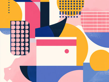 Abstract geometric shapes in pink, yellow, and blue, set against a clean background with a white podium for product display presentation. --ar 4:3 --v 6.1 Job ID: 230e7c94-7194-4a28-b3eb-844b5a12a30bの素材