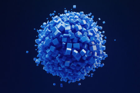 Abstract, minimalistic animation of blue cubes flying around in the shape of a sphere, with a simple solid-color background. --ar 3:2 --v 6.1 Job ID: 3c2600d6-21ca-40d3-9c83-e6c2c9e170f6の素材