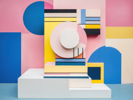 Abstract geometric shapes in pink, yellow, and blue, set against a clean background with a white podium for product display presentation. --ar 4:3 --v 6.1 Job ID: 230e7c94-7194-4a28-b3eb-844b5a12a30bの素材