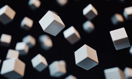 Abstract black background with floating cubes. Minimalist 3D rendering of geometric shapes in motion, no people or objects. The design is simple and elegant, suitable for various applications where the concept of movement without humans can be used. Black and white color scheme to emphasize simplicity and modernity. High resolution, sharp focus on cube details, high contrast, soft lighting effect, natural look. --ar 5:3 --v 6.1 Job ID: 13b7e86a-7c35-43e6-a901-bcfdd7ade326の素材
