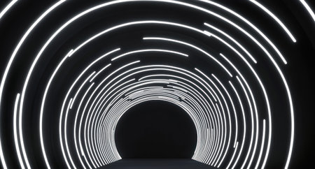 Abstract futuristic tunnel with glowing white lines on a black background, 3D rendering illustration of minimalist geometric shapes in the form of arches and circles, minimalism, symmetrical composition, high resolution, sharp focus, intricate details, highly detailed, digital art, highly realistic, hyperrealistic, cinematic, Octane render, HDR lighting, volumetric, hyper-detailed, hyper-realistic, cinematic, super-4K --ar 28:15 --v 6.1 Job ID: 2f73045e-804e-46ab-b89a-8dcf4dc2ce14の素材