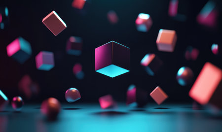 Abstract black background with cubes and geometric shapes, minimalist design, monochrome color scheme, motion blur, 3D rendering, focus on the cube in sharpness and depth of field, no shadows, floating objects. --ar 5:3 --v 6.1 Job ID: fd51ba1b-1c2c-486e-9263-719d1eb185a0の素材