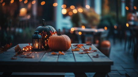A rustic wooden table adorned with pumpkins, leaves, and lights for an autumn-themed display banner background. The warm glow of the lanterns adds to its festive atmosphere. A beautifully decorated pumpkin sits on top as part of your fall decor collection. --chaos 30 --ar 16:9 --v 6.1 Job ID: 6bb6a24b-d1e3-4526-9a2a-aa8add0104d6の素材