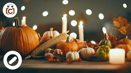 A rustic wooden table is decorated with pumpkins, gourds, and corn on the cob under string lights, set against an autumn background. The scene is warm in color, with soft lighting casting gentle shadows over the arrangement of vegetables and candles. This design creates a cozy fall atmosphere for social media or branding purposes. It's perfect as a banner for digital marketing events during the harvest season. --chaos 30 --ar 16:9 --v 6.1 Job ID: 8e82c03a-9233-4e62-9c07-7313935c1567の素材