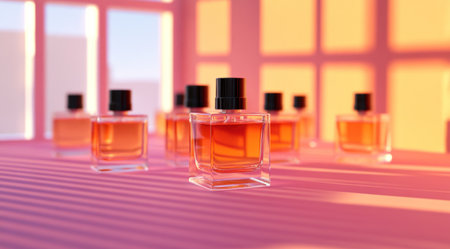 A group of square perfume bottles with black caps on a table, against a pink background with orange shades and window lighting, in a hyper-realistic style, rendered using Octane. --ar 128:71 --v 6.1 Job ID: d8f6fbc9-3632-4031-aaaa-833d1c3f8964の素材